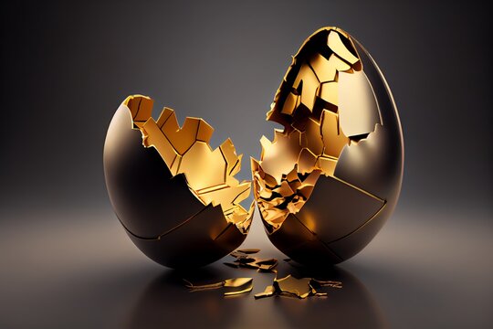 Gold luxury easter egg cracked open with copy space. 3D Rendering. Generative AI