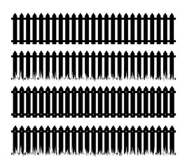 Fence and grass silhouette borders. Horizontal dividers. Vector design elements.
