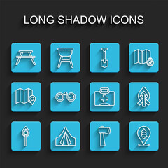 Set line Burning match with fire, Tourist tent, Picnic table benches, Wooden axe, Location of the forest, Binoculars, Campfire and First aid kit icon. Vector