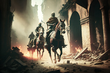Warriors on horseback galloping through the rubble of a city, brave Muslim soldiers prepared for battle
