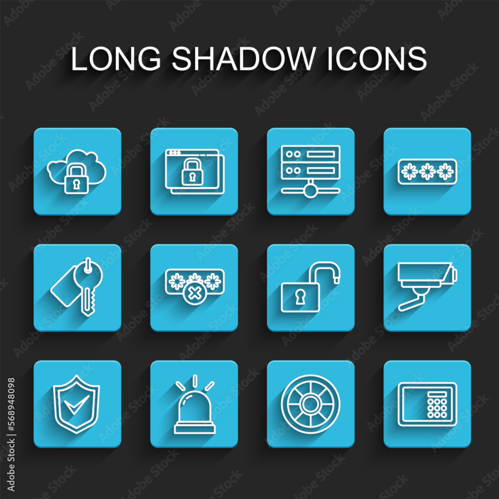 Poster set line shield with check mark, motion sensor, cloud computing lock, safe, password protection, sec