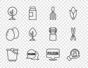 Set line Bucket, Farm house in hand, Garden rake, Speech bubble with, Tree, Location farm and Gardening handmade scissors icon. Vector