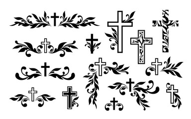 Funeral ornamental decorations. Vector memorial design elements. Border, divider, ribbon, frame and corner.