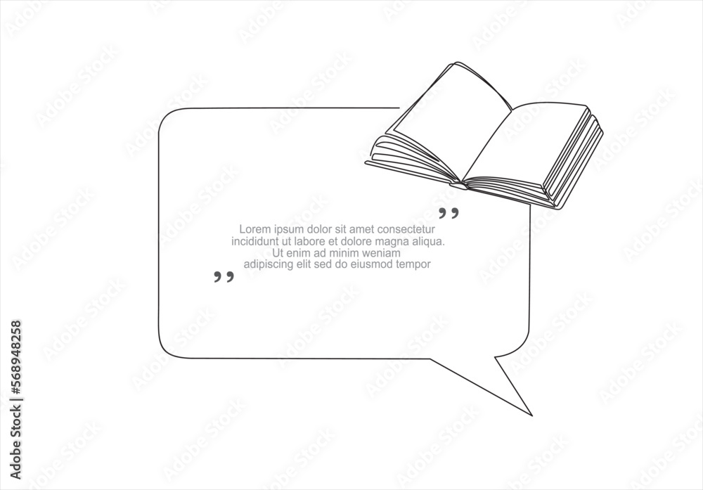 Poster continuous one line drawing of open book and speech bubble. trendy line art vector on a white backgr