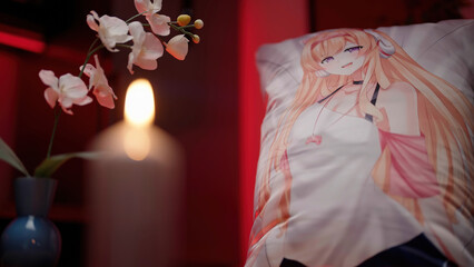 Candlelight for Valentine's Day with 2D anime waifu dakimakura