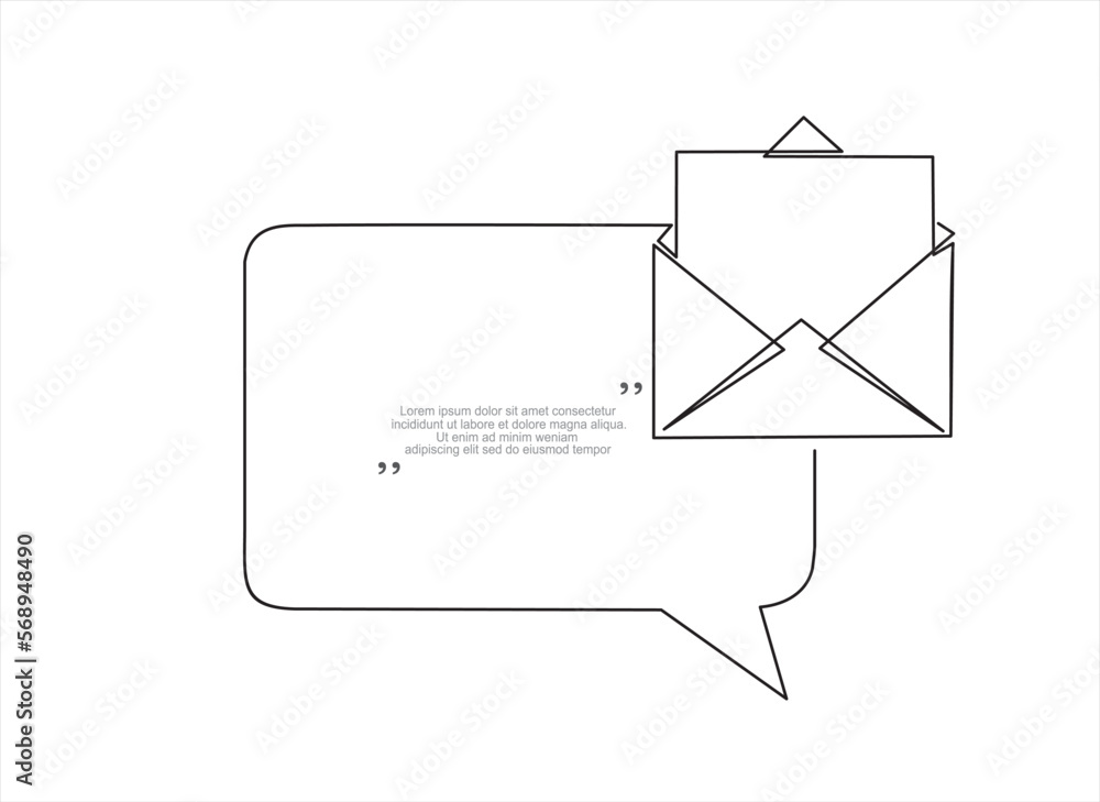 Poster continuous one line drawing of open envelope and speech bubble. trendy line art vector on a white ba