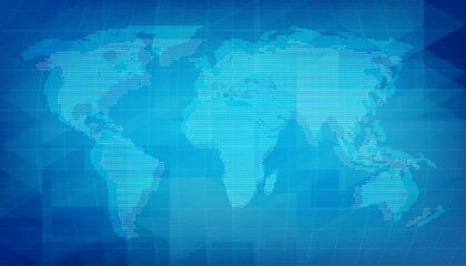 World map of digital grid texture. Blue abstract background with pixel elements.