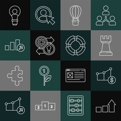 Set line Financial growth, Pie chart and dollar, Chess, Hot air balloon, Human resources, Head with lamp bulb and Business lifebuoy icon. Vector