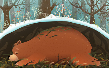 Bear sleeping inside den in woods, teddy asleep in a burrow underground winter forest. Cute illustration for kids of teddy bear hibernating. Vector wallpaper illustration for children. - obrazy, fototapety, plakaty