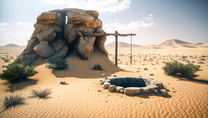 Fototapeta na wymiar desert space people plants sand stones smoke well 