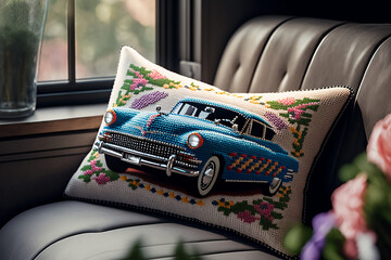 cross stitch car design on pillow on couch by a window