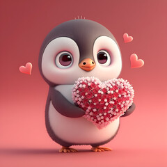 romantic penguin with heart-shaped flowers  created with Generative AI technology