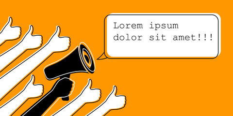 Hands with shout and text frame. Teamwork,  leadership, promotion or meeting conceptual illustration.