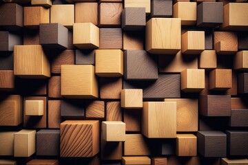 Natural wooden background. Wood blocks. Wall texture. Wooden squares, tile wallpaper. AI generated