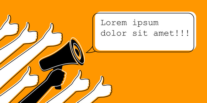 Hands with shout and text frame. Teamwork,  leadership, promotion or meeting conceptual illustration.