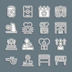 Set line Goal soccer football, Football or player, goal with, calendar, Soccer, Beer can and Fan club icon. Vector
