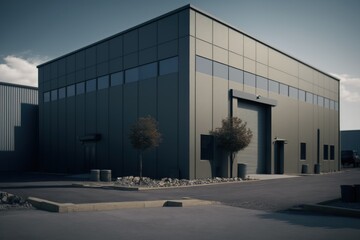 a contemporary warehouse's exterior with a modest office space. Generative AI