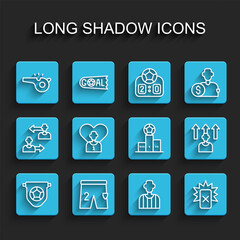 Set line Football flag pennant, Shorts for playing football, Whistle, soccer referee, Red card, player, and Award over sports winner podium icon. Vector