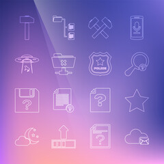 Fototapeta na wymiar Set line Cloud mail server, Star, Unknown search, Two crossed hammers, FTP cancel operation, UFO abducts cow, Hammer and Police badge icon. Vector