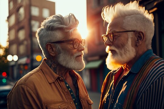 Old aged fashionable white gay couple deep in love and intimate moment. Have a romantic time. Instagrammable photo shot. Generative AI