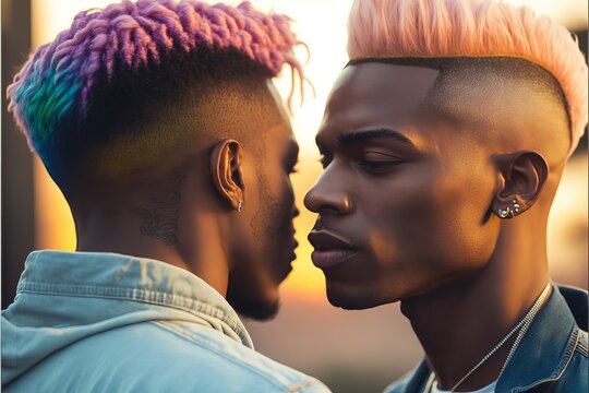 Young aged fashionable black gay couple deep in love and intimate moment. Have a romantic time. Instagrammable photo shot. Generative AI	