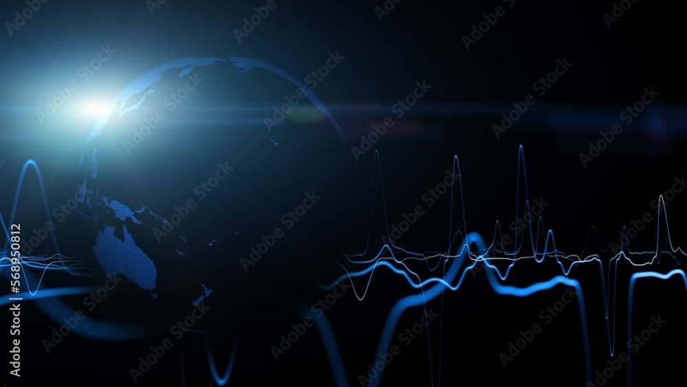 Poster looping graphs oscillation with shiny 3d earth globe animation.