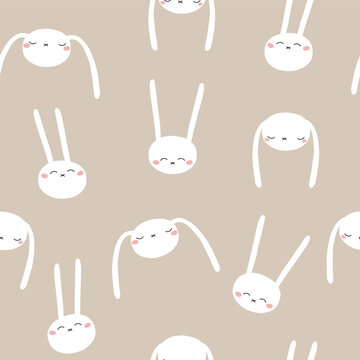 Seamless pattern with cartoon white bunnies. Childish funny print. Vector hand drawn illustration.