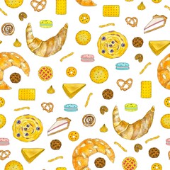 Seamless pattern with sweet pastries, cookies, muffins, pies, macaroons, cakes.