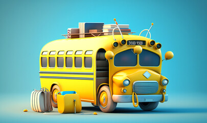 Heading back to the classroom. A yellow school bus filled educational essentials such as backpacks, textbooks, and pencils against a blue background