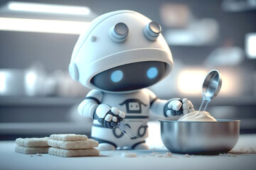 Handsome Cute Robot chef preparing dough by kneading it, close up shot