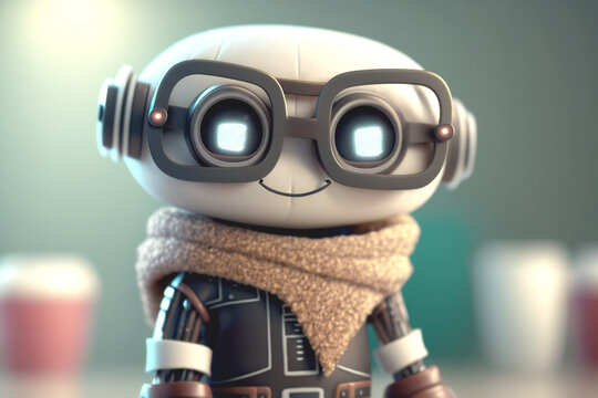 Close-up portrait of a stylish cute robot smiling with crossed arms and glasses