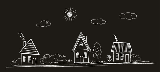 Houses, street, trees, bushes, landscape, sun, clouds - scribbles are drawn by a child's hand with chalk on asphalt or on a blackboard. White lines on a black and blue background