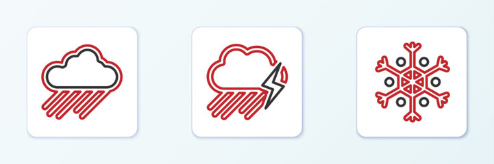 Set line Snowflake, Cloud with rain and and lightning icon. Vector