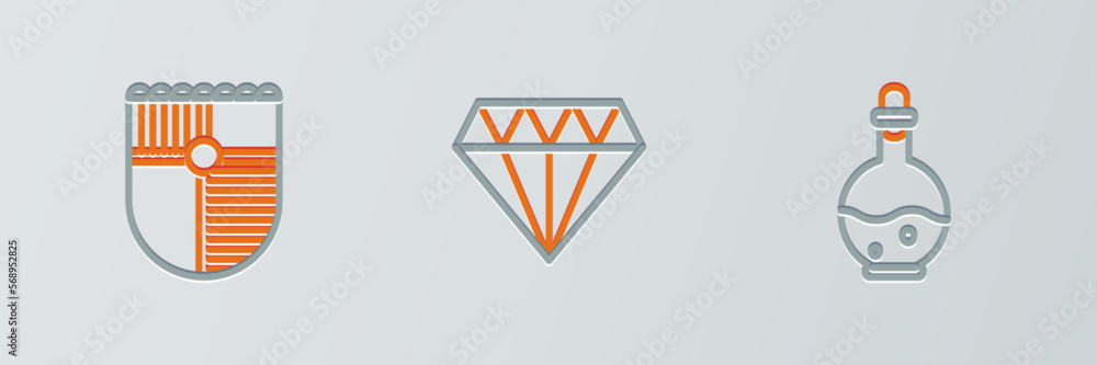 Poster set line bottle with magic elixir, shield for game and diamond icon. vector