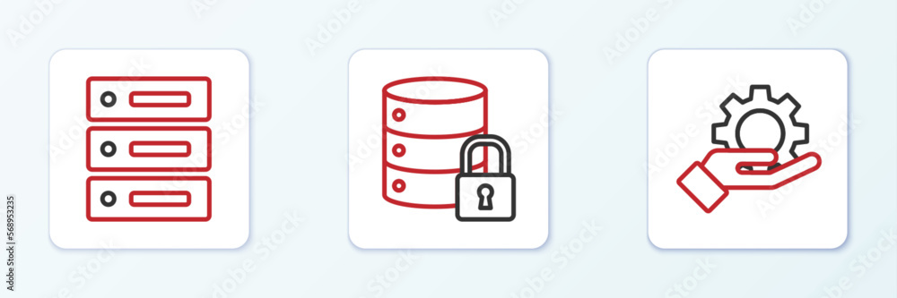 Poster set line hand settings gear, server, data, web hosting and security with lock icon. vector