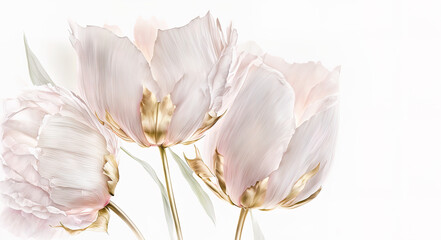 Tulip in light pink and gold, isolated on white. Luxury illustration for spring. Generative AI.