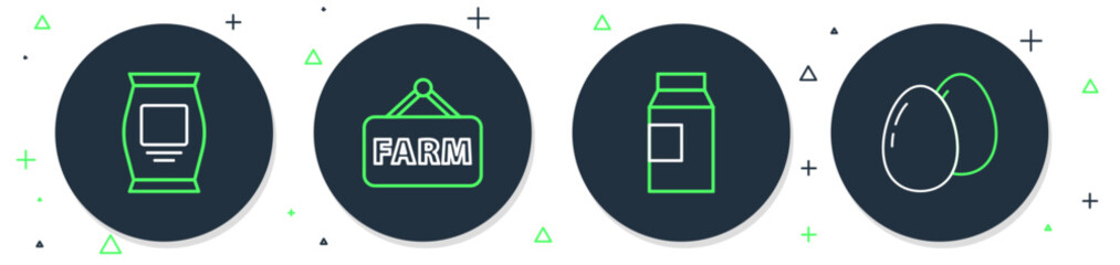 Set line Signboard with text Farm, Paper package for milk, Fertilizer bag and Chicken egg icon. Vector