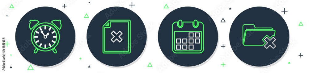 Poster set line delete file document, calendar, alarm clock and folder icon. vector