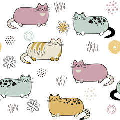 seamless pattern from a set of children's primitive drawings of cats and various elements in pastel colors. Cute design with a black outline in a flat style on a white background.