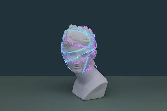 Antique sculpture wrapped in neon wires.