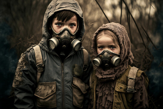 Boy and girl with gas mask depicting consequences of global warming,  air pollution and war, created with Generative AI technology
