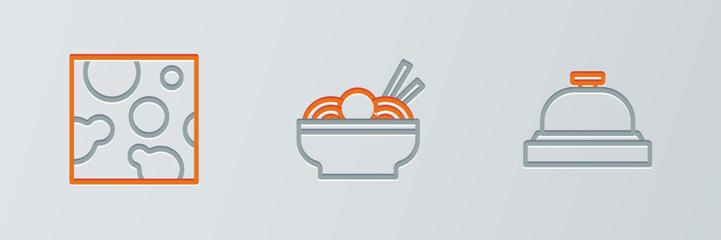 Set line Hotel service bell, Cheese and Asian noodles in bowl icon. Vector