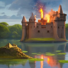 A surrealist castle with a floating moat and a fire-breathing dragon1, Generative AI - obrazy, fototapety, plakaty