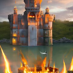 A surrealist castle with a floating moat and a fire-breathing dragon3, Generative AI - obrazy, fototapety, plakaty