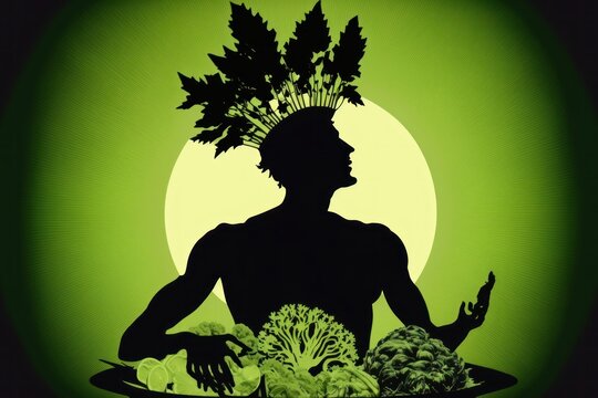 Illustration of Silhouette of a Man who had a spiritual awakening - his contemplation brought harmony with nature into his awareness - living Vegan or Vegetarian - Ai generative poster wallpaper