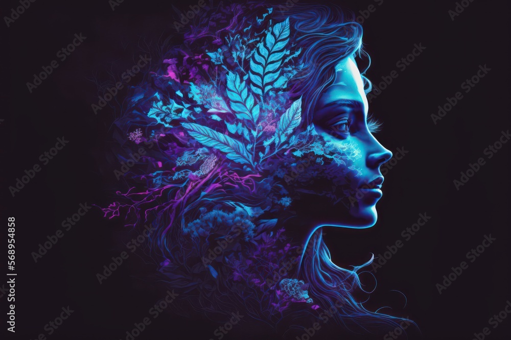 Wall mural portrait of beautiful fantasy lady in blue and purple neon colours with a flower mandala pattern. co