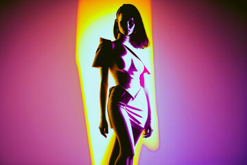beautiful neo retro fashion woman model isolated in neon lights background in style of 90s 2000s new quality universal colorful joyful stock image illustration design wallpaper, generative ai