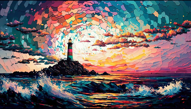 Seascape and lighthouse with a colorful sunset, neo-impressionism painting, post-produced generative ai