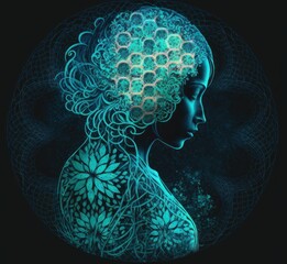 Beautiful Black Woman in Deep Meditation and Contemplation - Transcending Mind and Thought. With a Neon Green Turquoise Flower Mandala Pattern - generative ai illustration