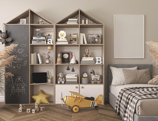 Mockup frame in children bedroom with wood furniture. Lighting interior design scandi boho style. 3d render. High quality 3d illustration